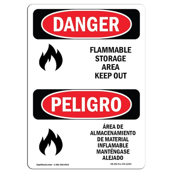 Safety Sign, OSHA Danger, 24" Height, Rigid Plastic, Flammable Storage Area Keep Out Spanish
